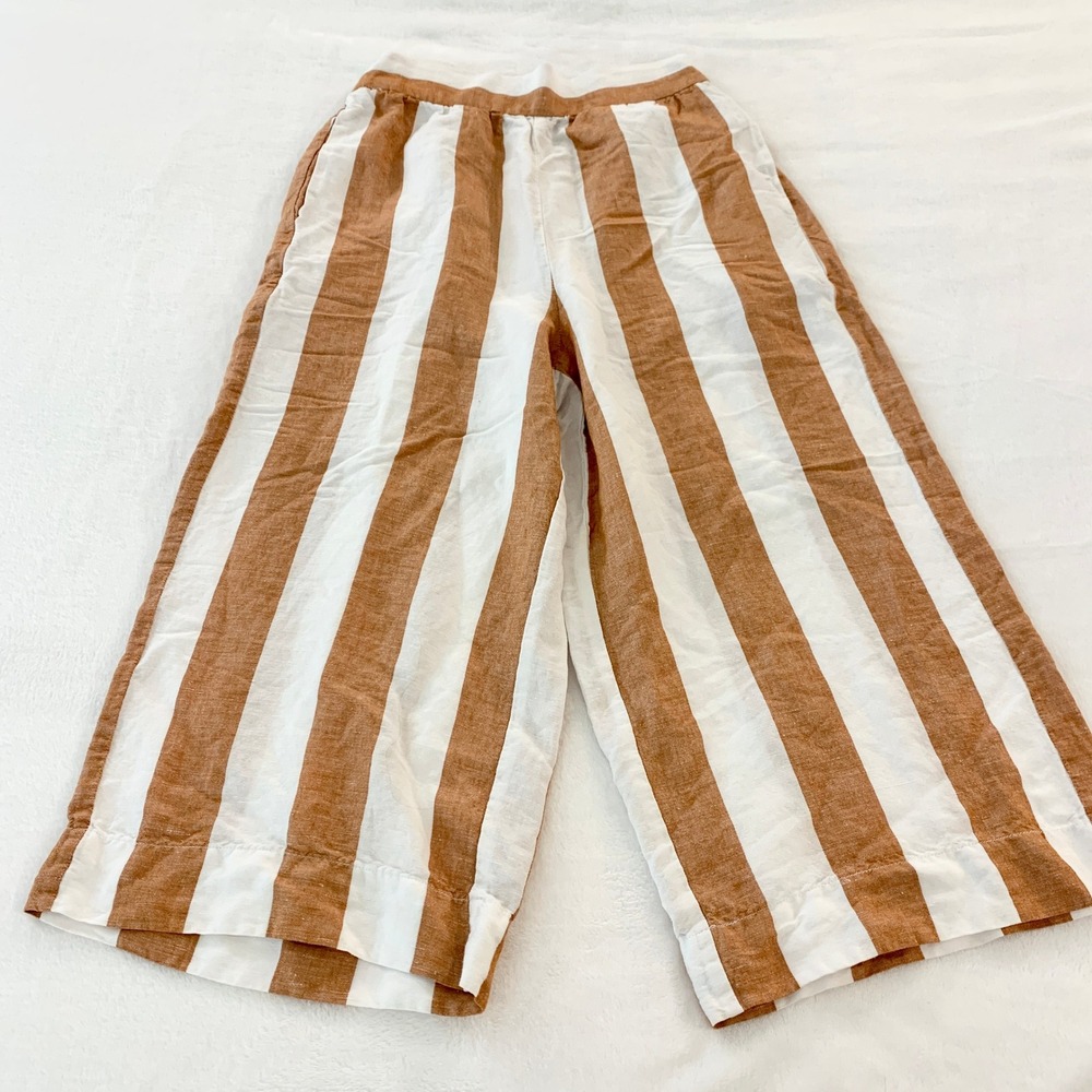 Madewell Striped Pull On Crop Pants Women XXS Brown White Linen Blend J2437